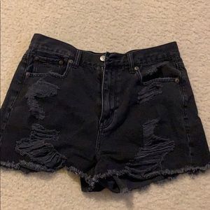 Distressed black denim shorts